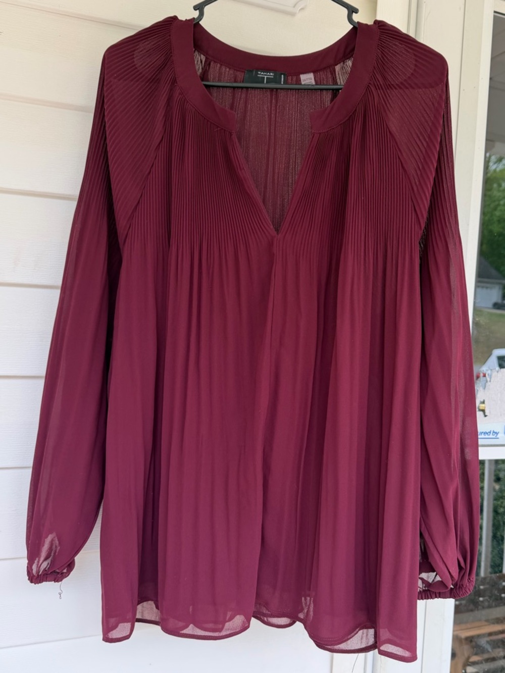 Tahari Wine Pleated V-Neck Long-Sleeve Blouse
